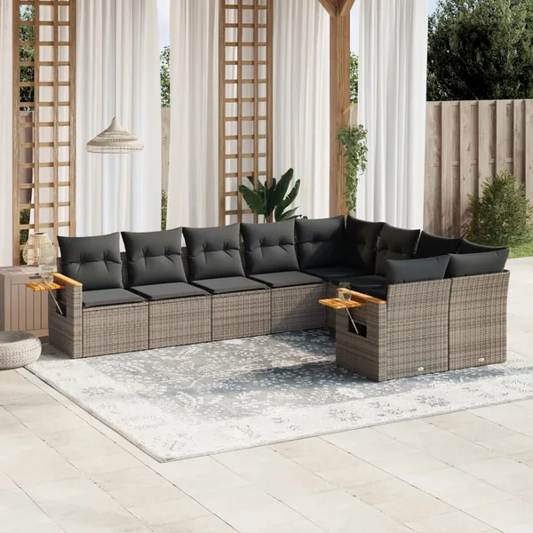 Salon de jardin 9 pcs avec coussins gris résine tressée
