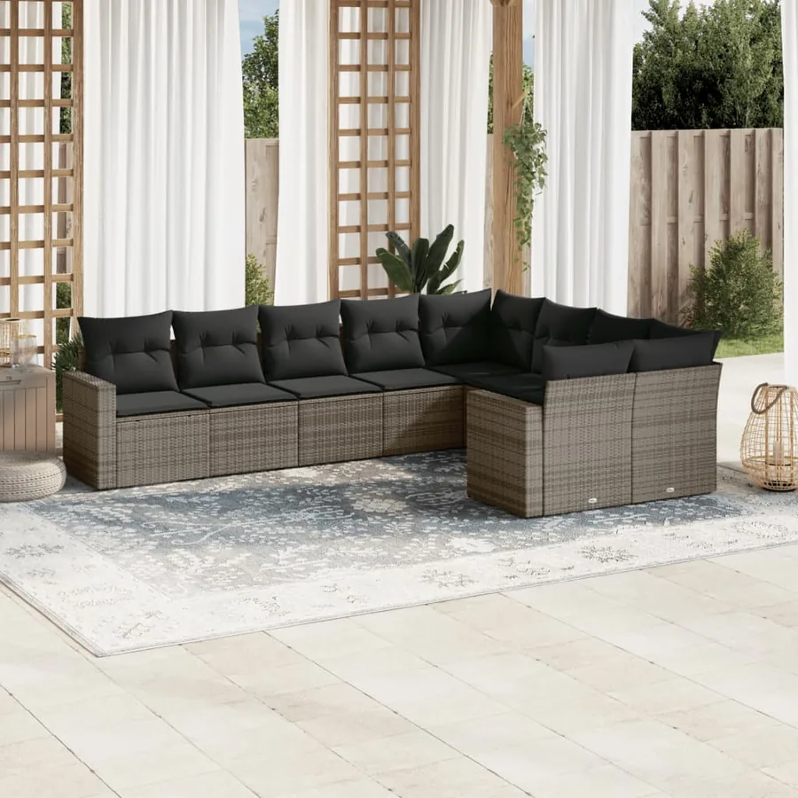 Salon de jardin 9 pcs avec coussins gris résine tressée
