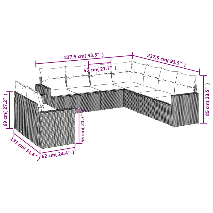 Salon de jardin 9 pcs avec coussins gris résine tressée - 3