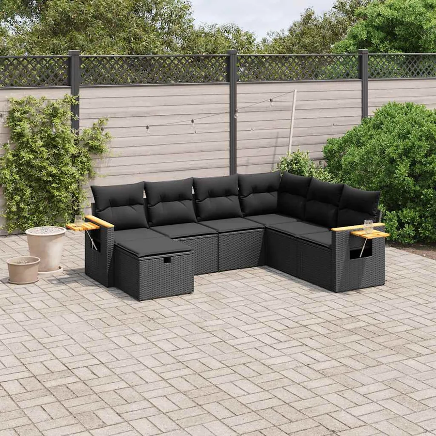 Salon de jardin 7 pcs avec coussins noir résine tressée 62 x 62 x 69 cm - 56,7 kg