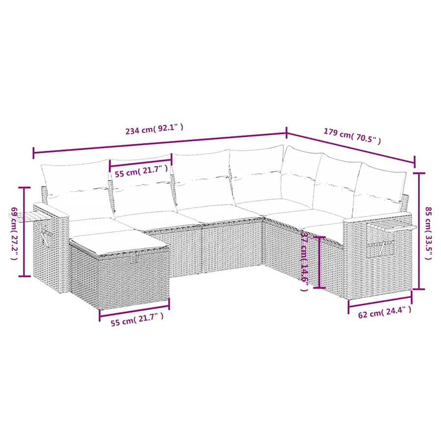 Salon de jardin 7 pcs avec coussins noir résine tressée 62 x 62 x 69 cm - 56,7 kg - 4