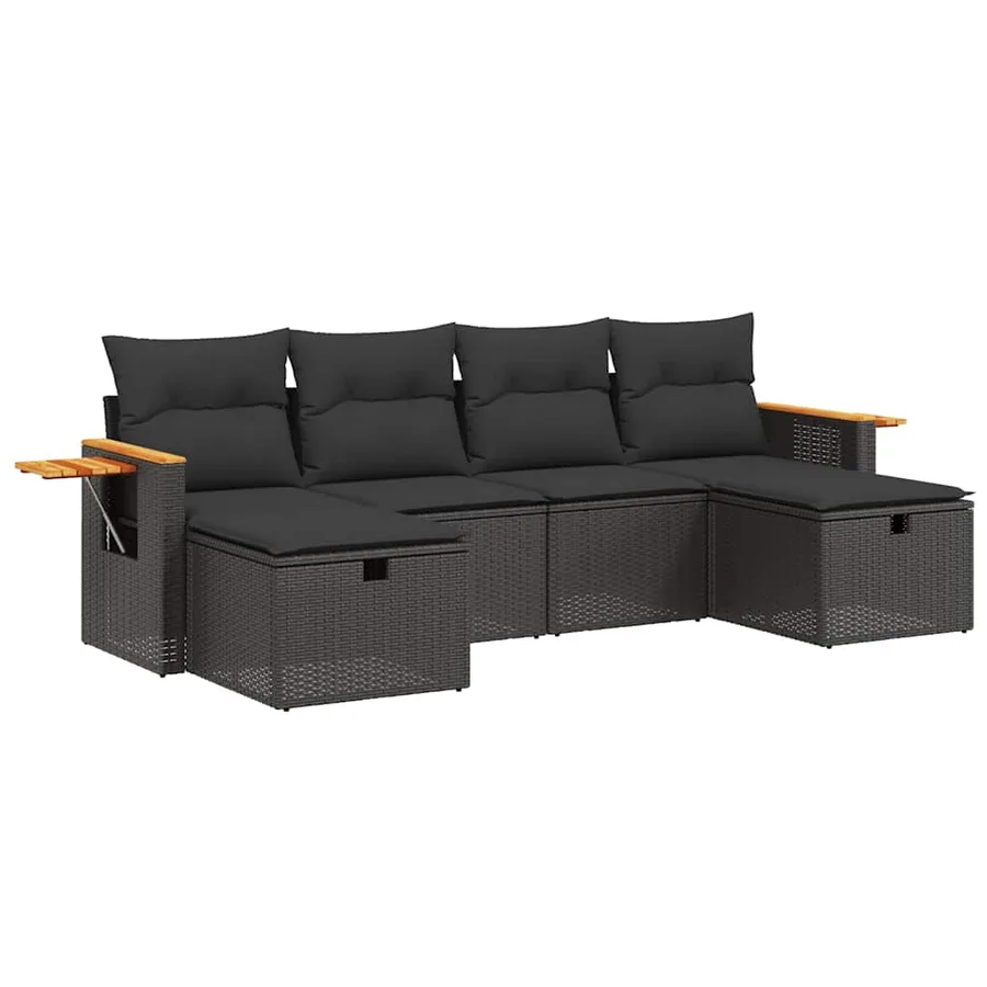 Salon de jardin 6 pcs avec coussins noir résine tressée - 2