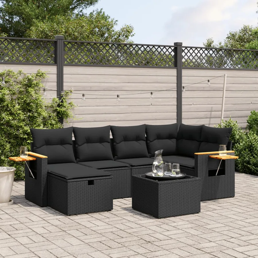 Salon de jardin 7 pcs avec coussins noir résine tressée 62 x 62 x 69 cm - 58,8 kg