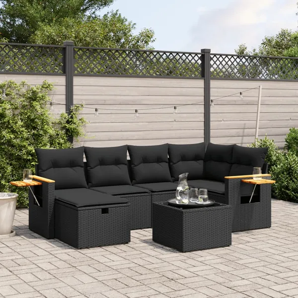 Salon de jardin 7 pcs avec coussins noir résine tressée 62 x 62 x 69 cm - 58,8 kg
