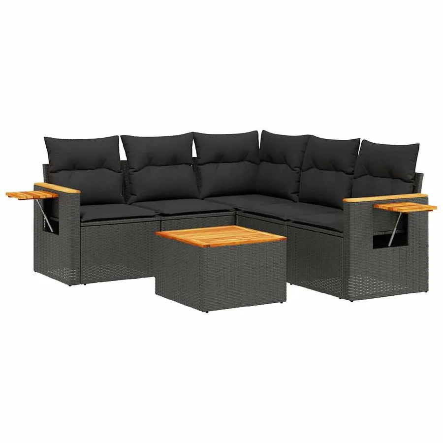 Salon de jardin 6 pcs avec coussins noir résine tressée - 2