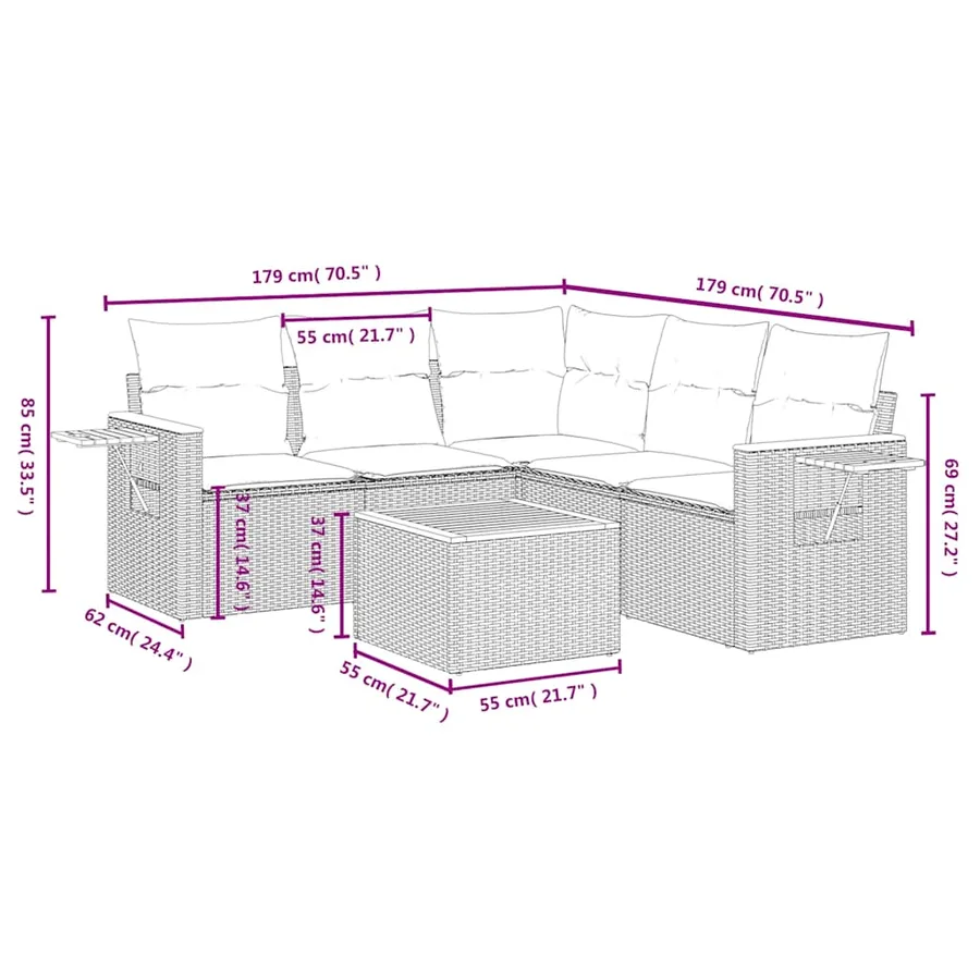 Salon de jardin 6 pcs avec coussins noir résine tressée - 8