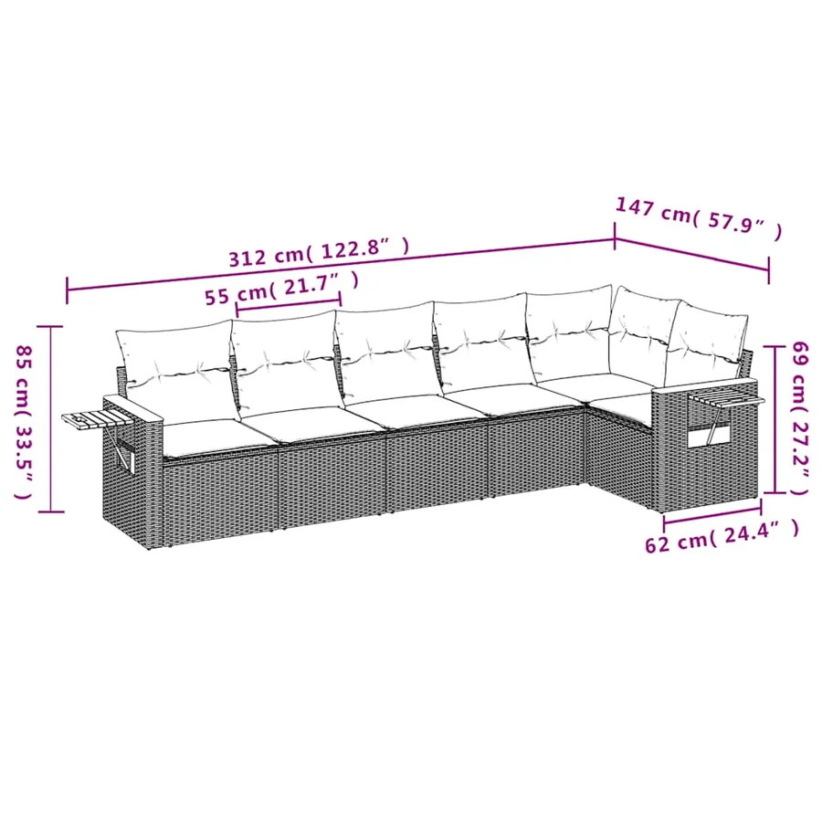 Salon de jardin 6 pcs avec coussins noir résine tressée - 8