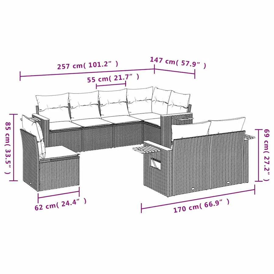 Salon de jardin 8 pcs avec coussins noir résine tressée - 8