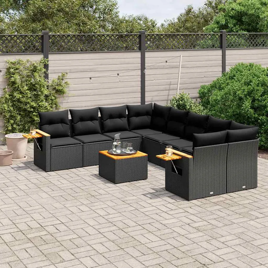 Salon de jardin 9 pcs avec coussins noir résine tressée