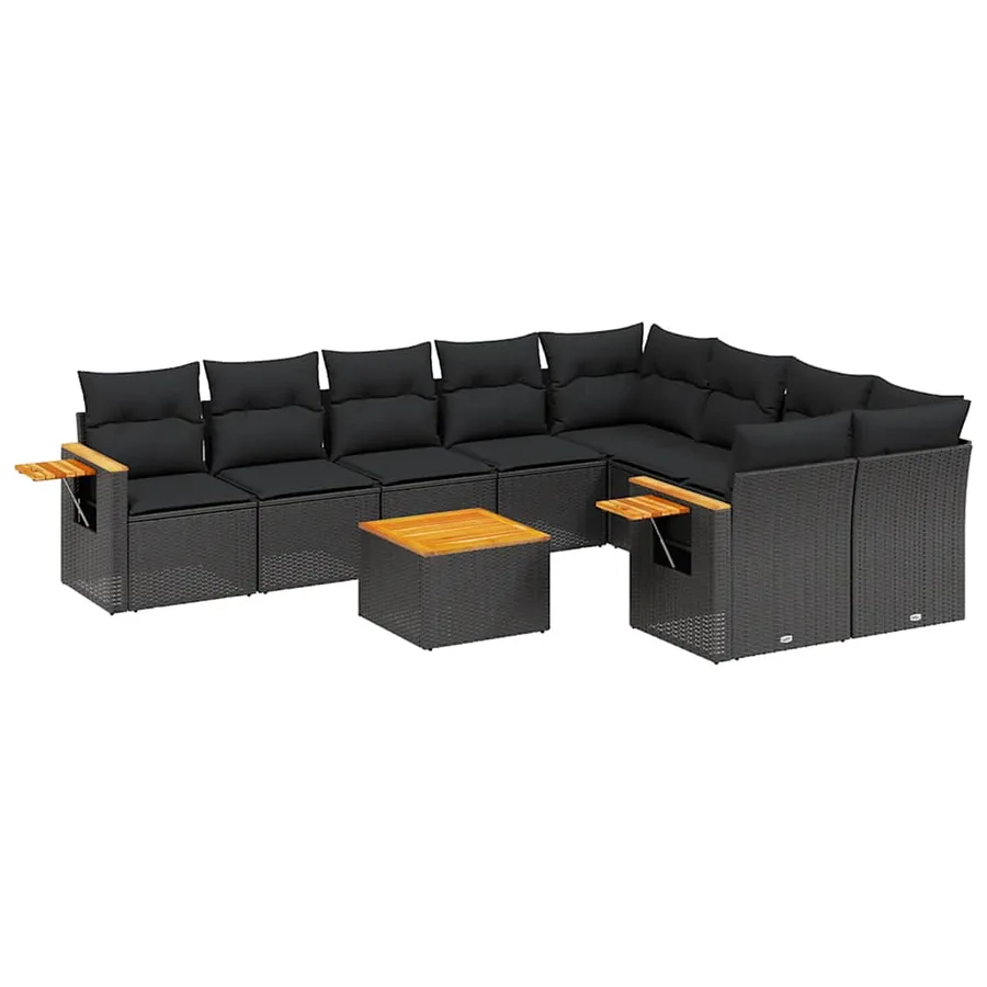 Salon de jardin 10 pcs avec coussins noir résine tressée - 2