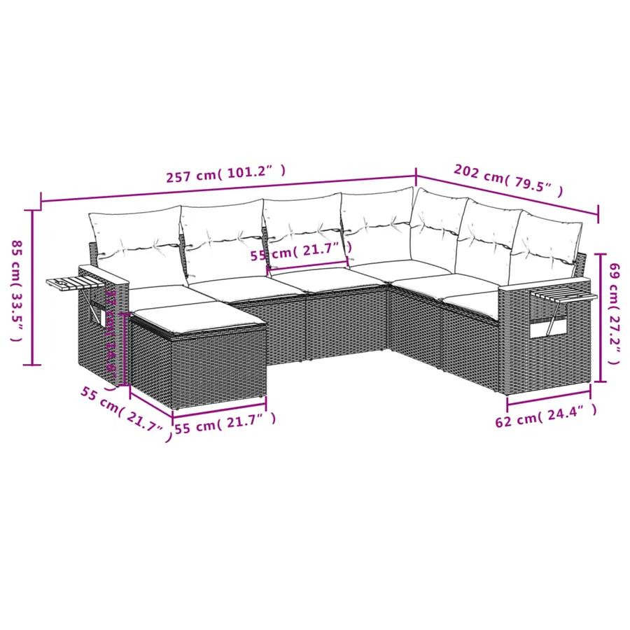 Salon de jardin 7 pcs avec coussins noir résine tressée 62 x 62 x 69 cm - 56,1 kg - 9
