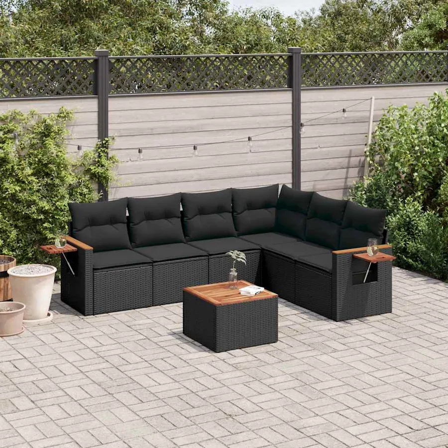 Salon de jardin 7 pcs avec coussins noir résine tressée 62 x 62 x 69 cm - 57,3 kg