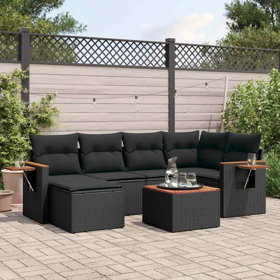 Salon de jardin 7 pcs avec coussins noir résine tressée 62 x 62 x 69 cm - 58,2 kg
