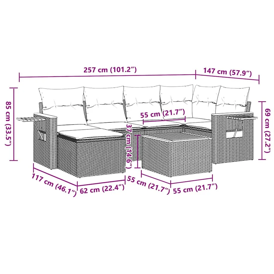 Salon de jardin 7 pcs avec coussins noir résine tressée 62 x 62 x 69 cm - 58,2 kg - 10