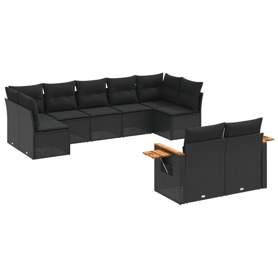 Salon de jardin 9 pcs avec coussins noir résine tressée - 2