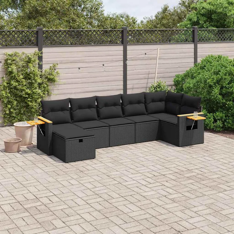 Salon de jardin 7 pcs avec coussins noir résine tressée 62 x 62 x 69 cm - 56,7 kg