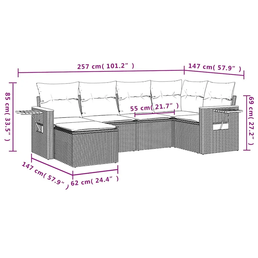 Salon de jardin 6 pcs avec coussins noir résine tressée - 9