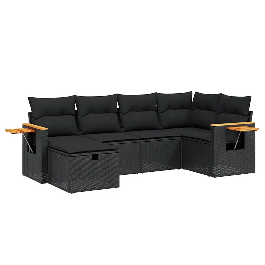Salon de jardin 6 pcs avec coussins noir résine tressée - 2