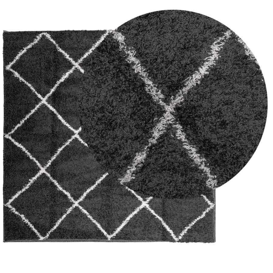 Tapis shaggy à poils longs moderne noir et crème 120x120 cm - 3
