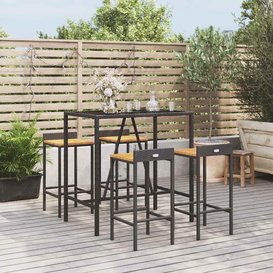 Ensemble de bar jardin 5 pcs noir poly rotin/bois massif acacia