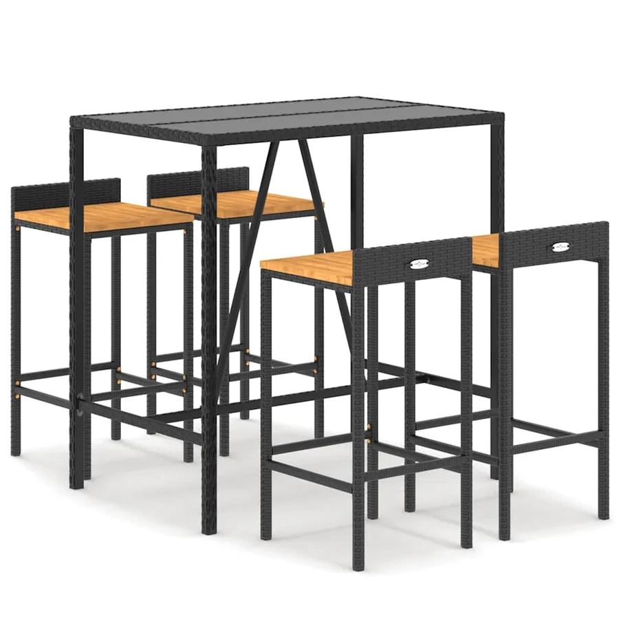 Ensemble de bar jardin 5 pcs noir poly rotin/bois massif acacia - 2