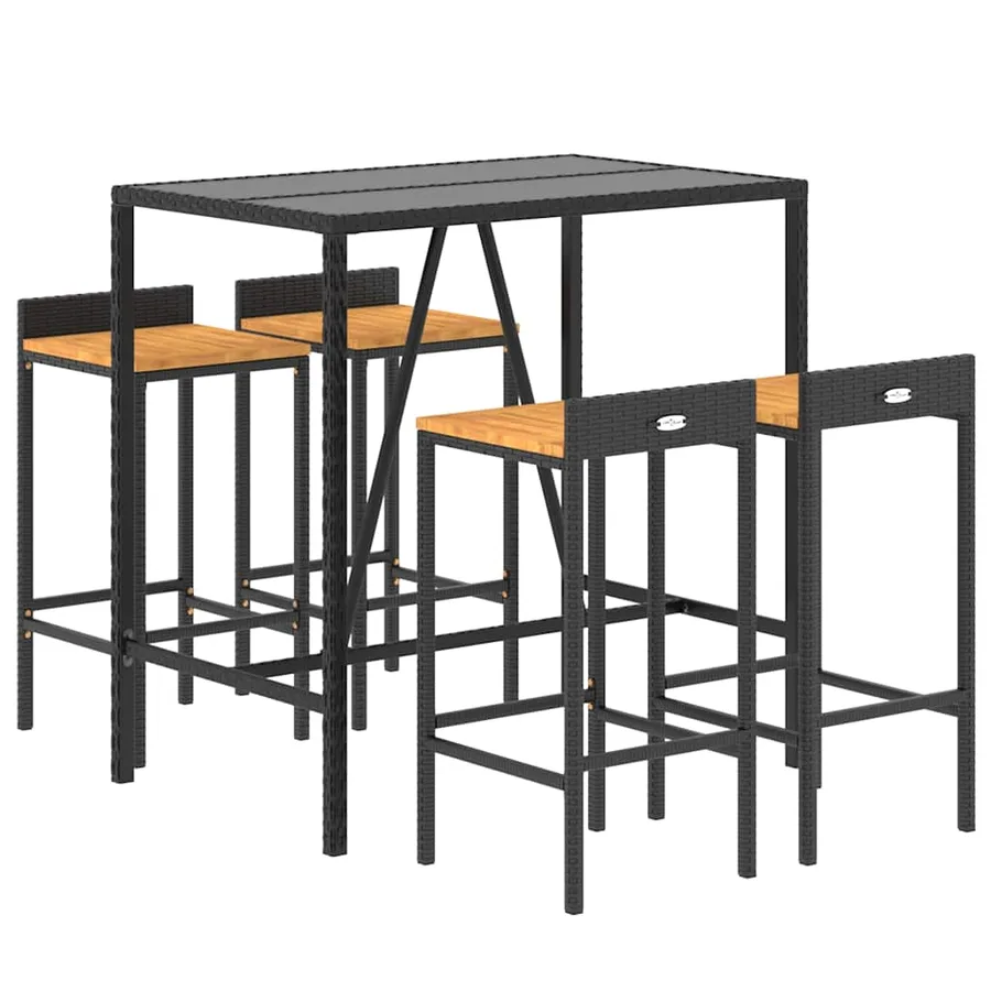 Ensemble de bar jardin 5 pcs noir poly rotin/bois massif acacia - 3
