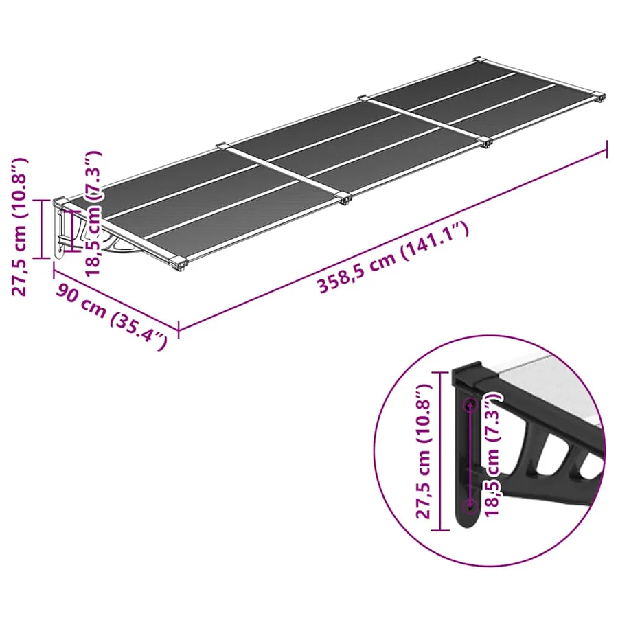 Auvent de porte Noir et transparent 358,5x90 cm Polycarbonate - 6