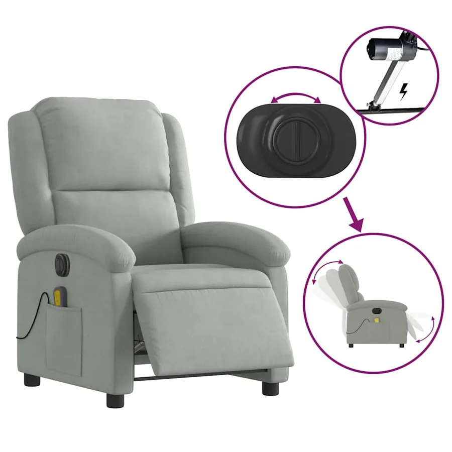 Fauteuil inclinable électrique de massage gris clair velours - 6