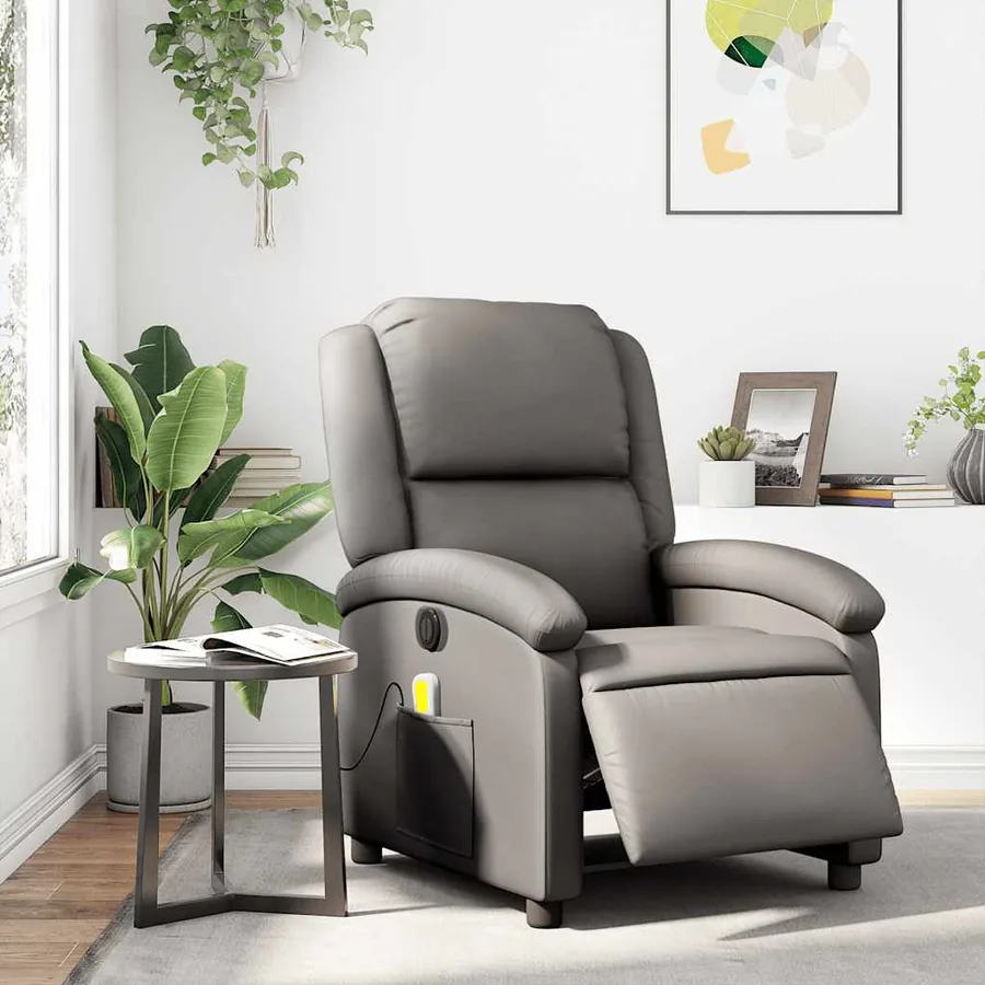 Fauteuil de massage inclinable électrique gris cuir véritable - 16