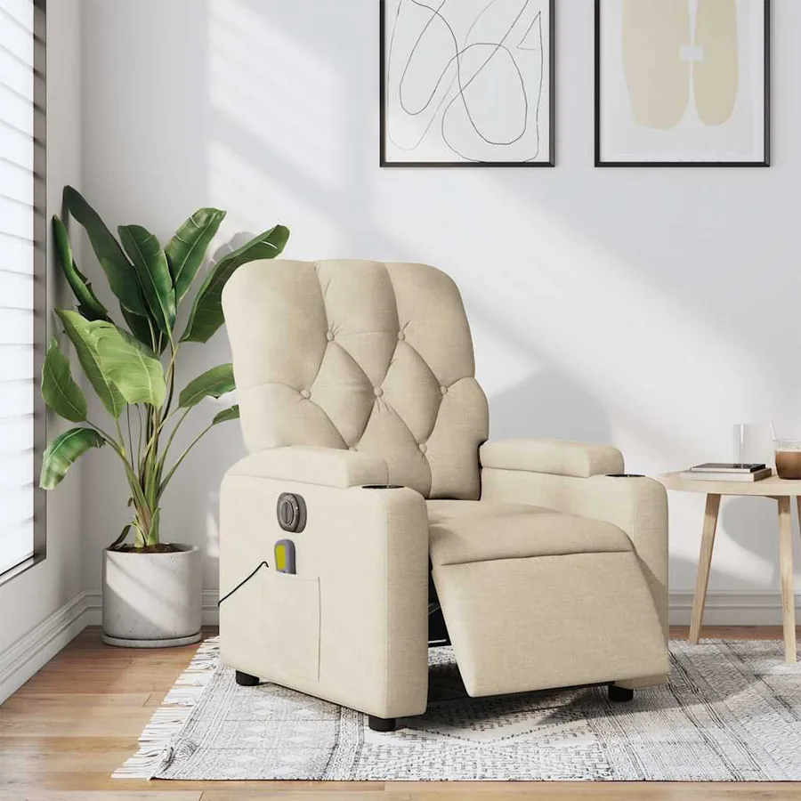 Fauteuil inclinable de massage électrique crème tissu - 16
