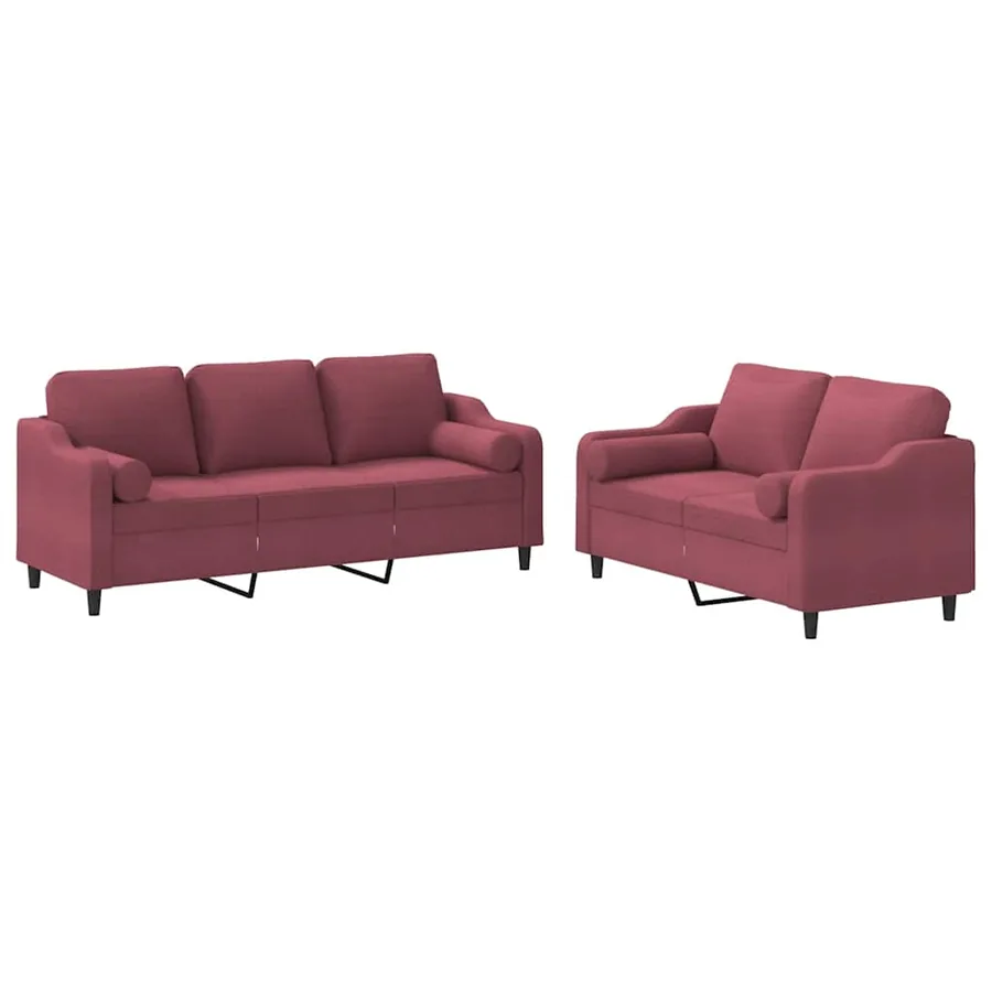 Ensemble de canapés 2 pcs avec coussins rouge bordeaux tissu - 2