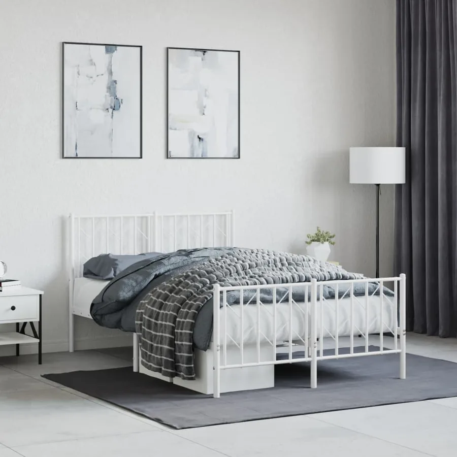 Cadre de lit métal sans matelas et pied de lit blanc 120x190 cm