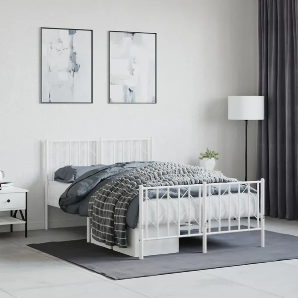 Cadre de lit métal sans matelas et pied de lit blanc 120x190 cm