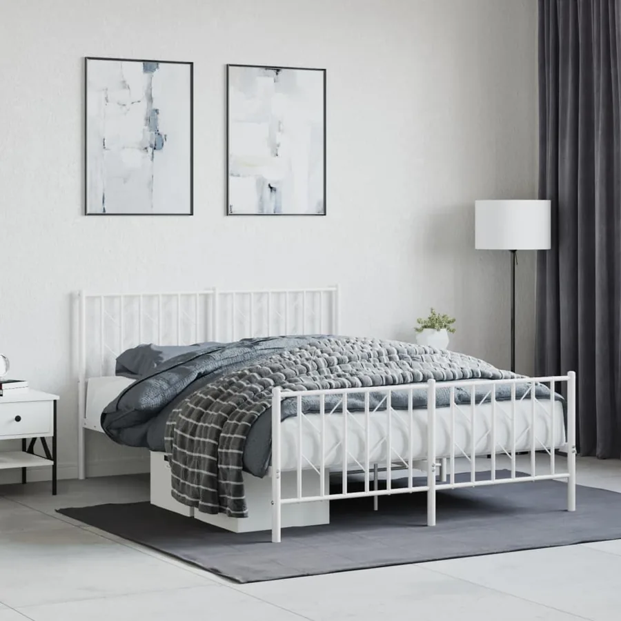 Cadre de lit métal sans matelas et pied de lit blanc 135x190 cm