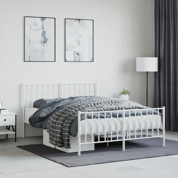 Cadre de lit métal sans matelas et pied de lit blanc 135x190 cm