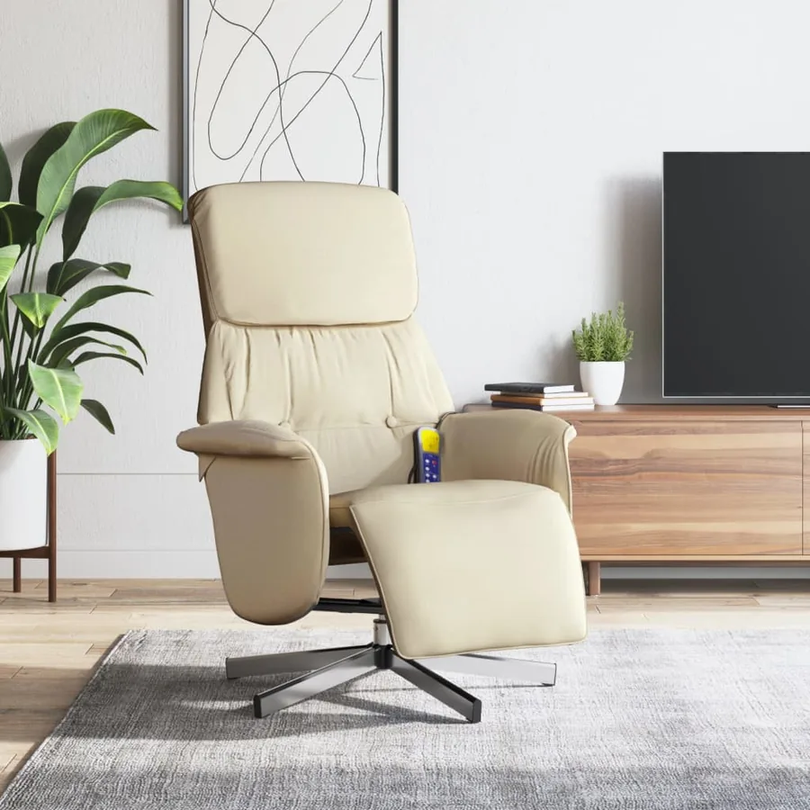 Fauteuil inclinable de massage avec repose-pieds crème tissu