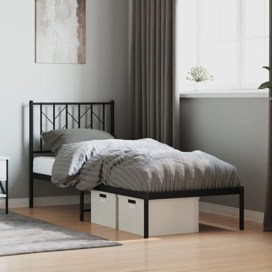 Cadre de lit métal sans matelas avec tête de lit noir 75x190 cm
