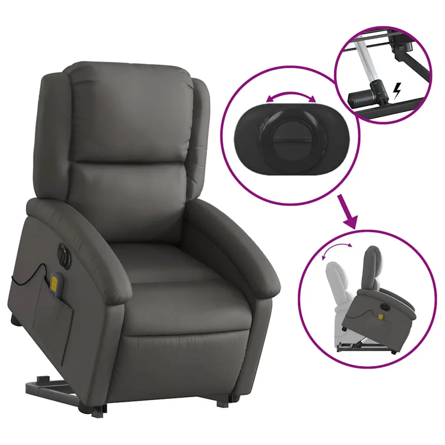 Fauteuil inclinable de massage électrique gris cuir véritable - 11