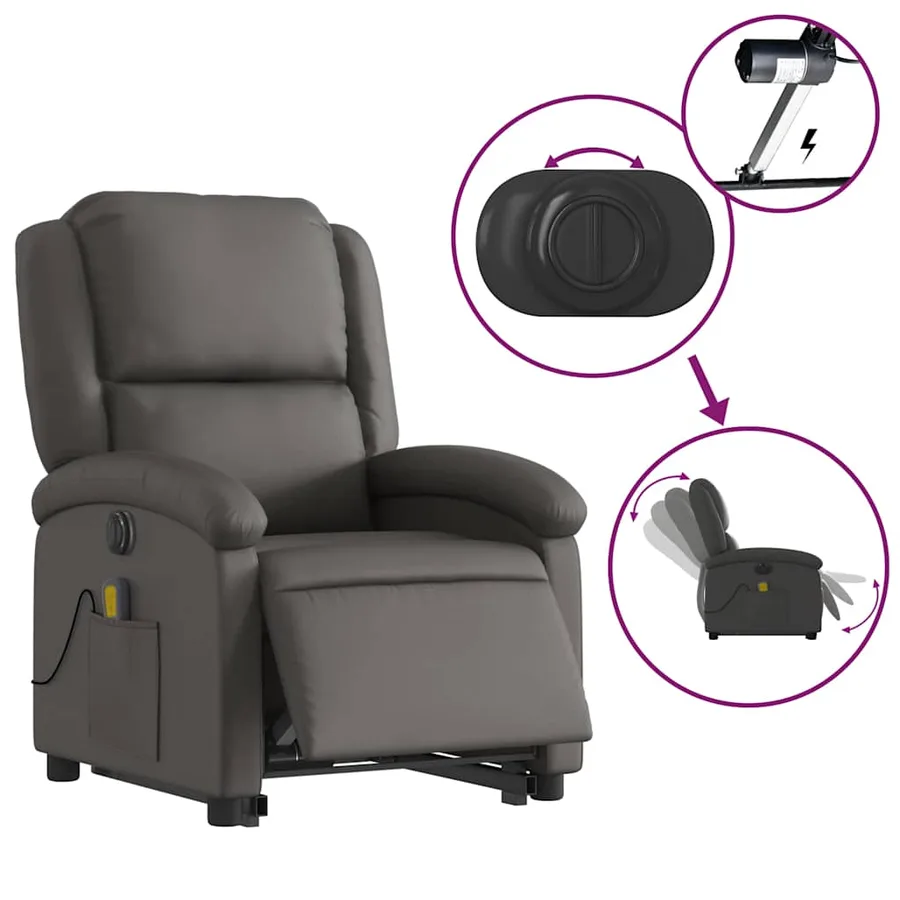 Fauteuil inclinable de massage électrique gris cuir véritable - 6