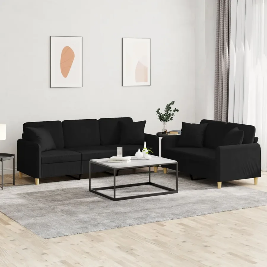 Ensemble de canapés 2 pcs avec coussins noir tissu