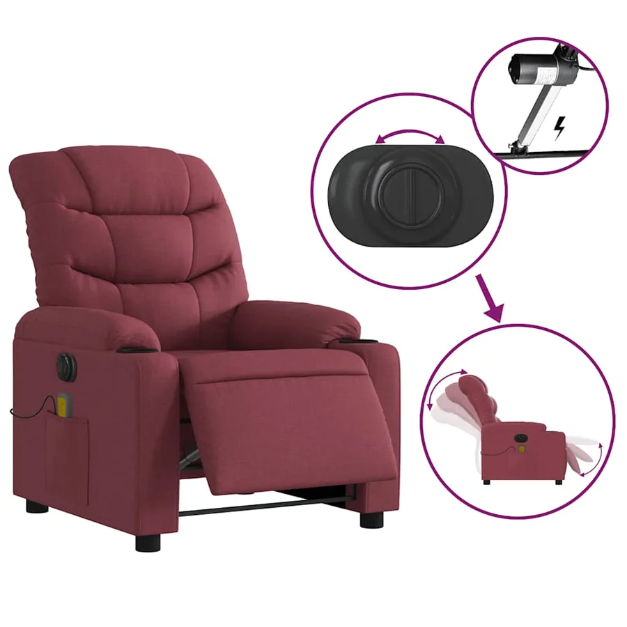 Fauteuil de massage inclinable électrique Rouge bordeaux Tissu - 6