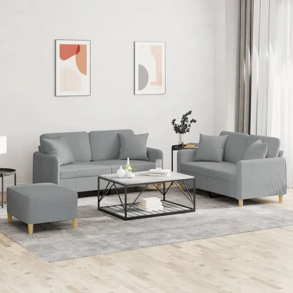 Ensemble de canapés 3 pcs coussins gris clair tissu