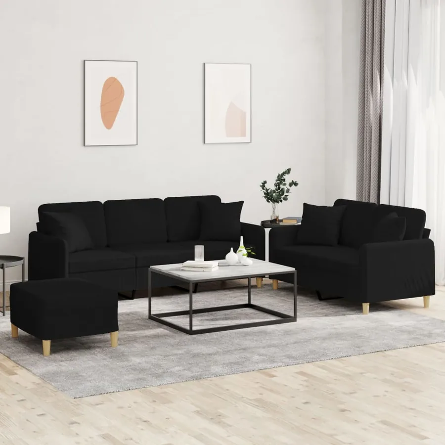 Ensemble de canapés 3 pcs avec coussins noir tissu