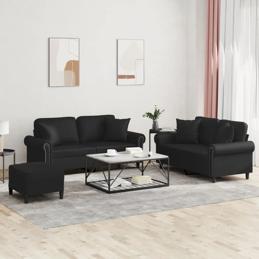 Ensemble de canapés 3 pcs avec coussins noir similicuir