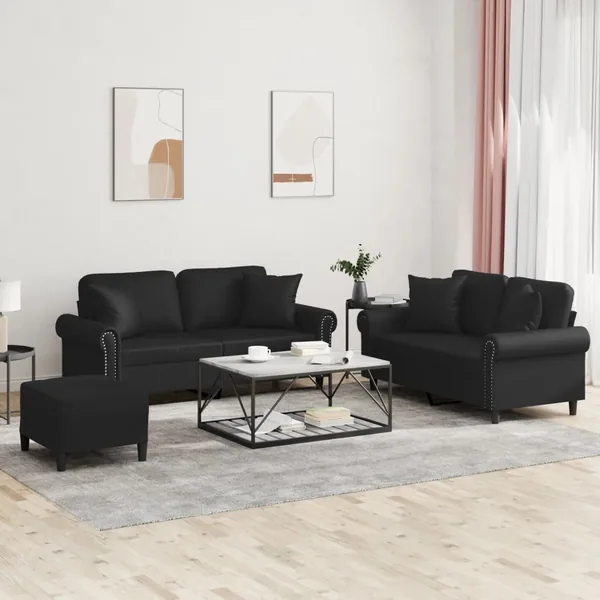 Ensemble de canapés 3 pcs avec coussins noir similicuir
