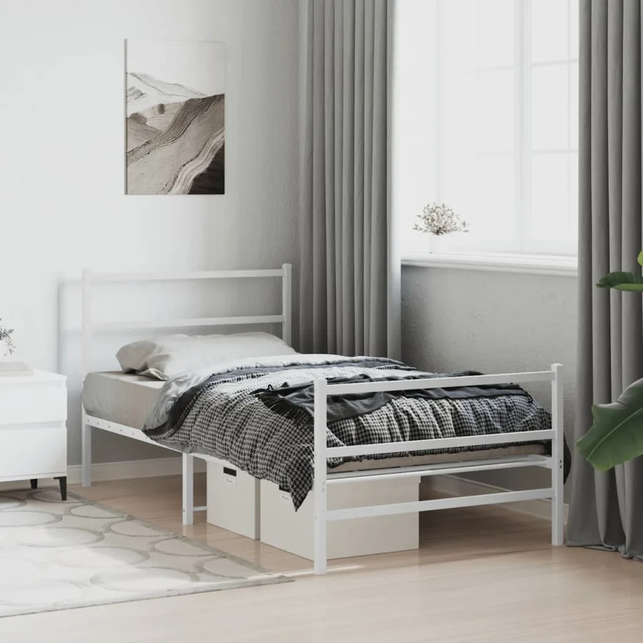 Cadre de lit métal sans matelas et pied de lit blanc 107x203 cm