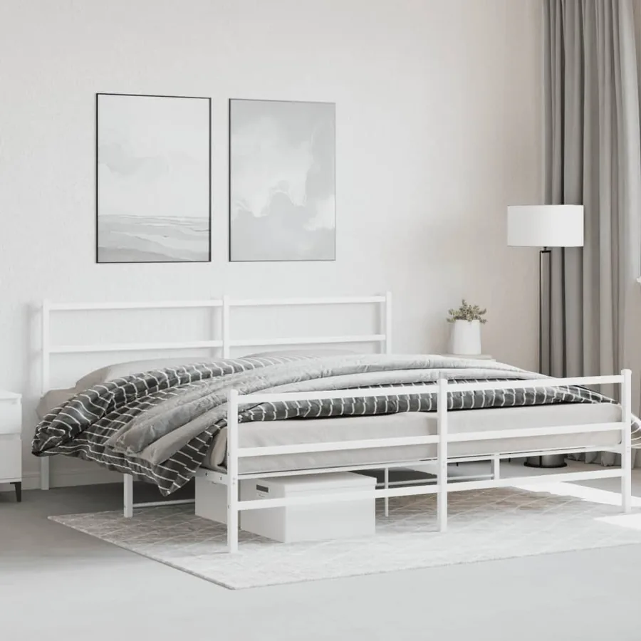 Cadre de lit métal sans matelas et pied de lit blanc 183x213 cm