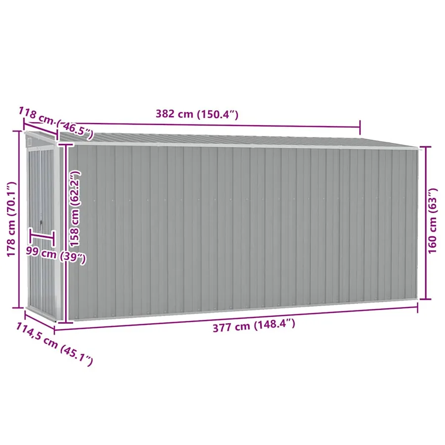 Abri de jardin mural Gris 118x382x178 cm Acier galvanisé - 7
