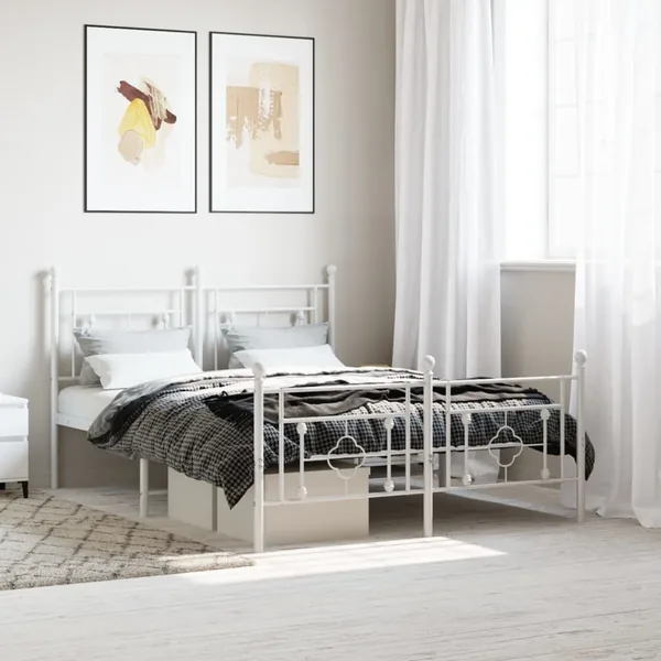 Cadre de lit métal sans matelas et pied de lit blanc 140x190 cm