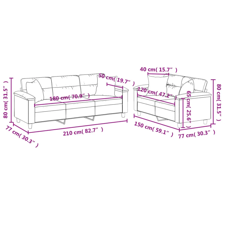 Ensemble de canapés 2 pcs avec coussins Noir Tissu microfibre - 8